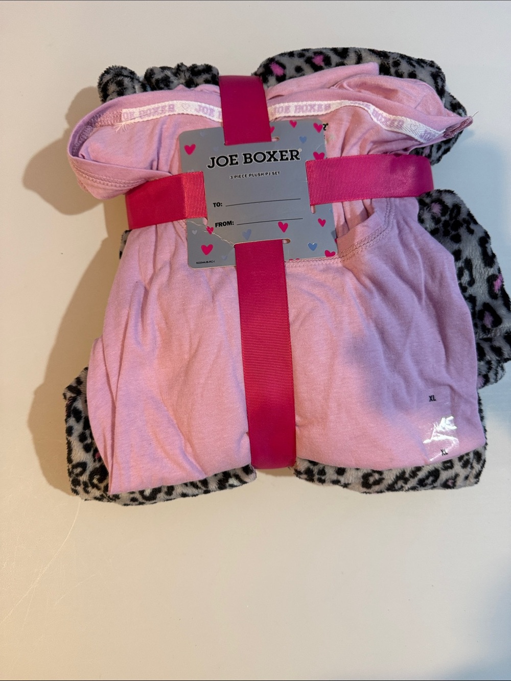 Joe Boxer 2 Piece Plush Pink Pajama Set Grey Leopard Pants (Missing socks)